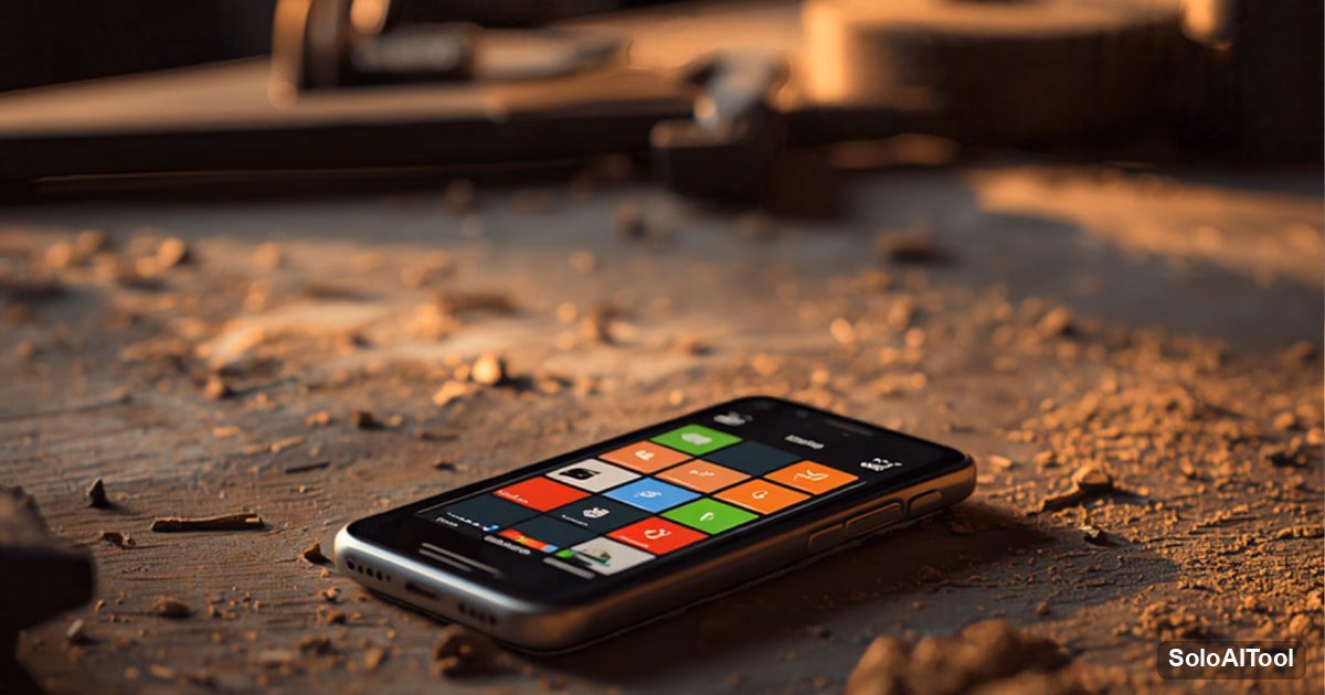 Smartphone showing a colorful app screen lying on a dusty wooden workshop bench in warm light