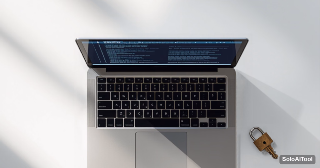 Overhead view of a laptop on a white desk with a small brass padlock and key beside it