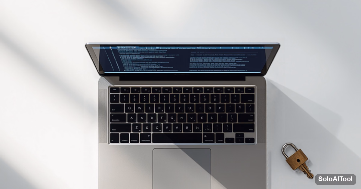 Overhead view of a laptop on a white desk with a small brass padlock and key beside it