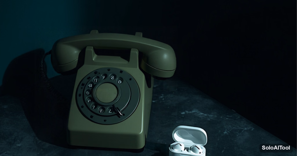 Vintage green rotary telephone beside a modern wireless earbud case on a dark slate surface