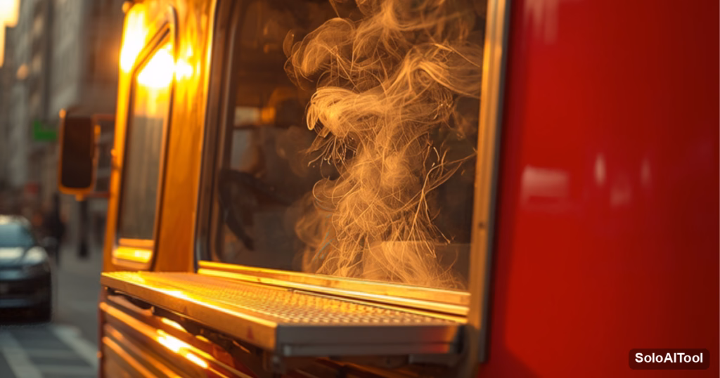 Close-up of a red food truck serving window with steam rising in golden evening light