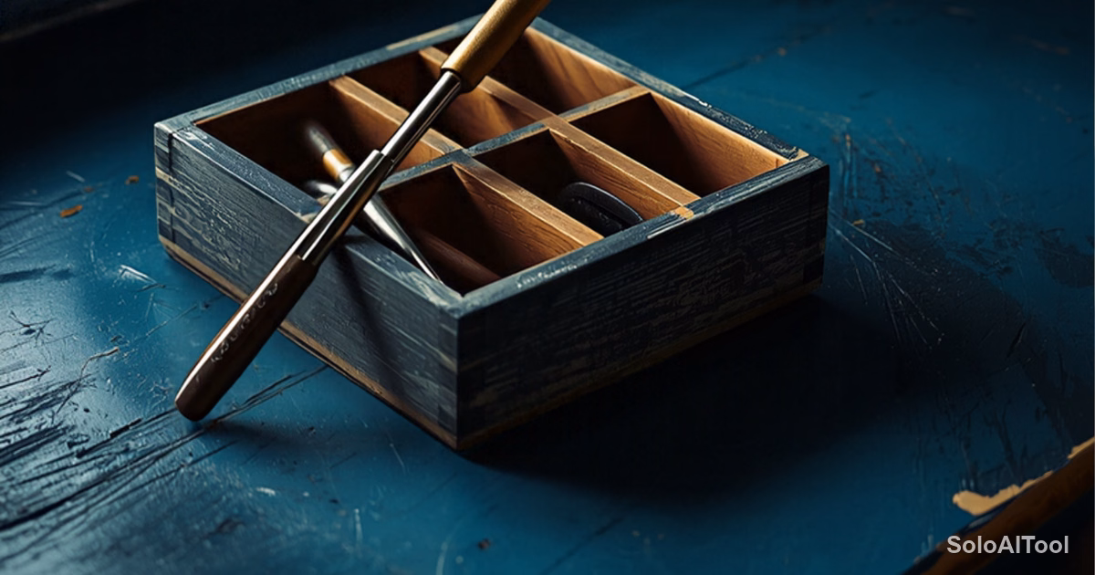 Open vintage wooden toolbox with new tools on a teal workbench in cool morning light