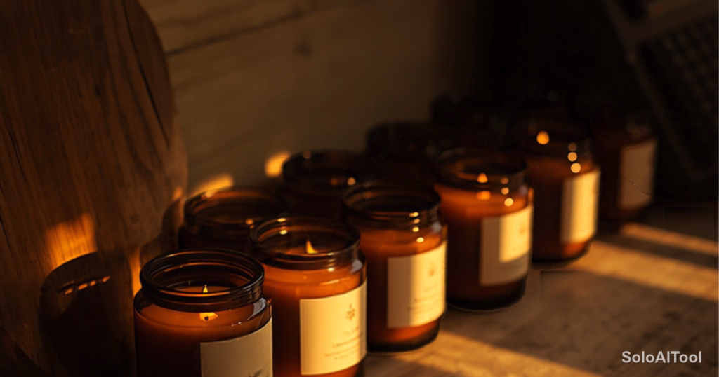 Row of amber handmade candles on a wooden studio counter in warm golden sunlight