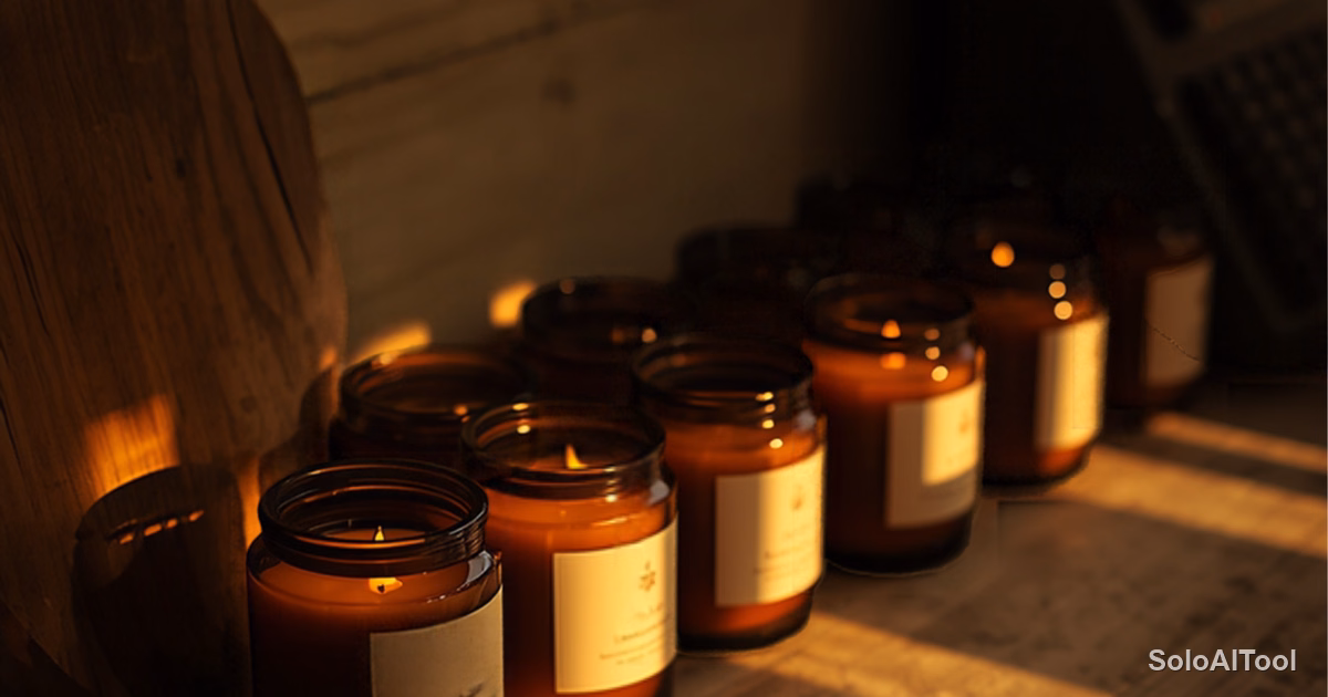 Row of amber handmade candles on a wooden studio counter in warm golden sunlight