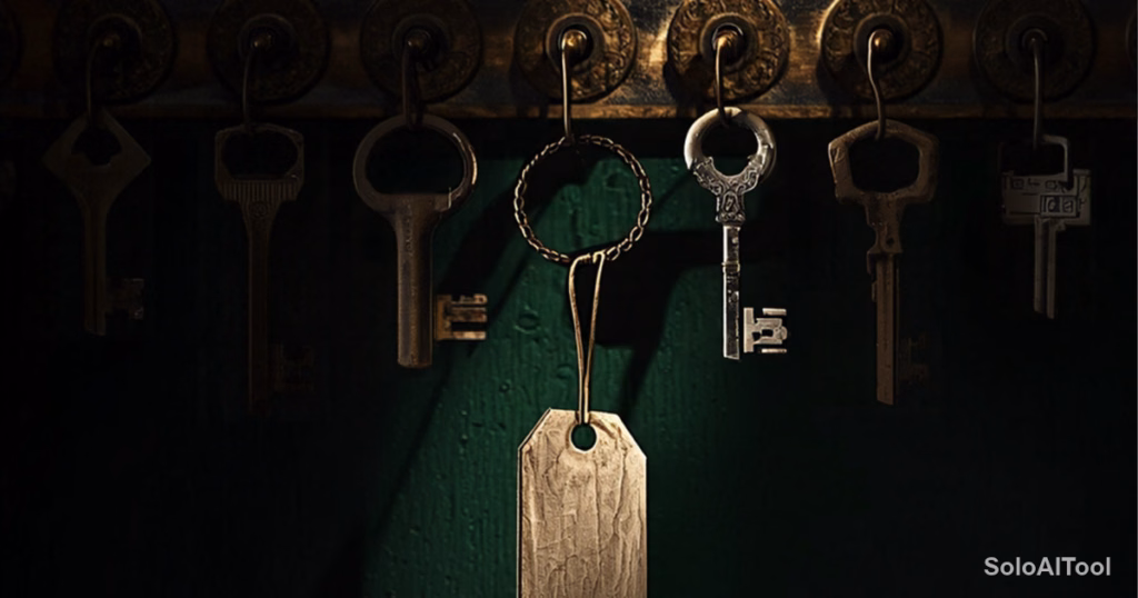 Old brass keys on wall hooks with one new key and a blank tag against a dark green wall
