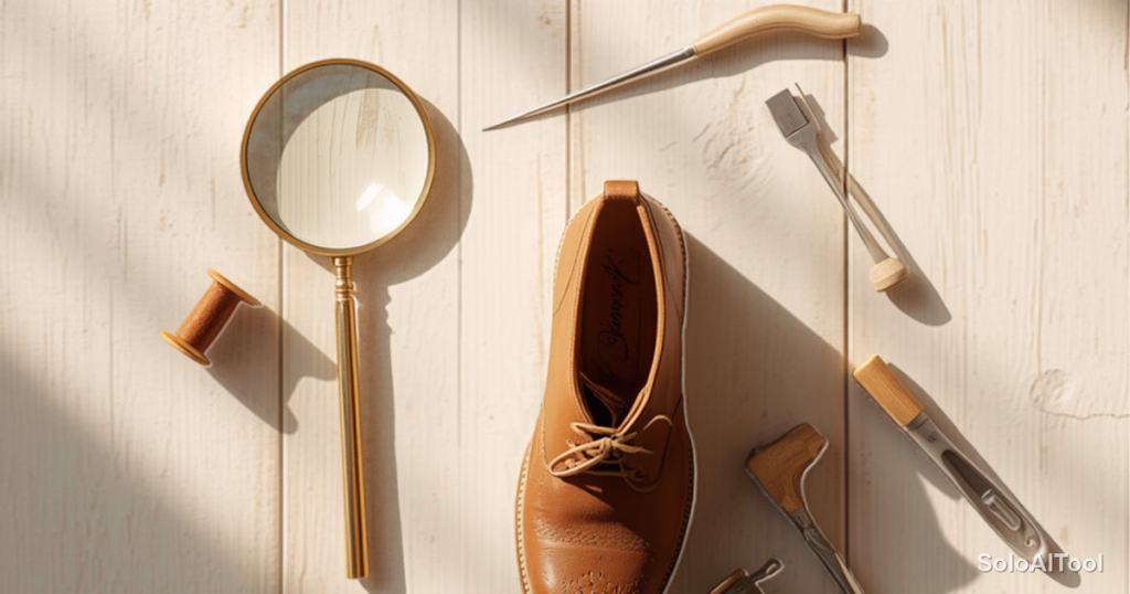 Brass magnifying glass beside a leather shoe and cobbler tools on a white wooden bench