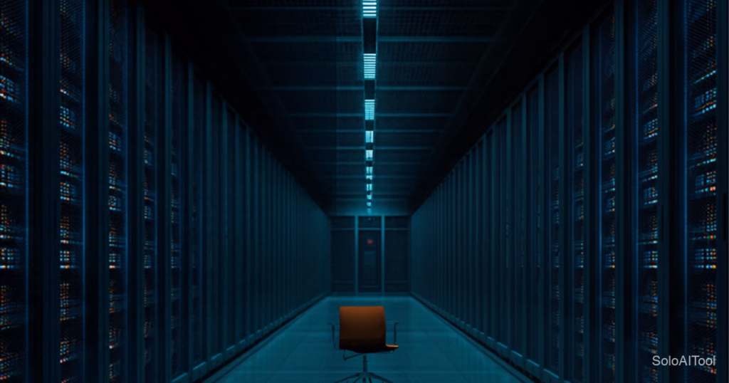 A long, dim server room aisle lit in teal and blue with a single empty office chair in the middle