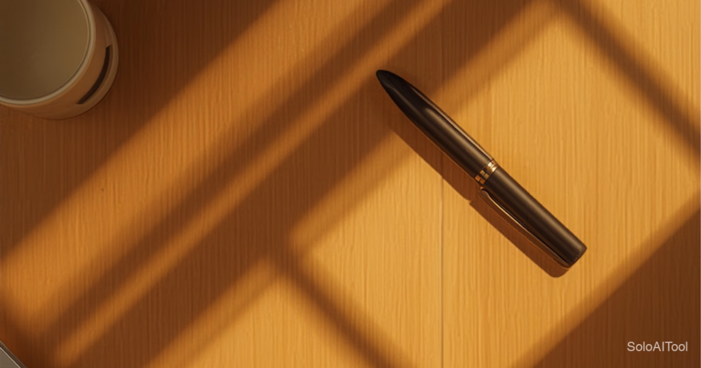Overhead view of a warm oak desk in golden sunlight with a pen, coffee cup, calculator and laptop