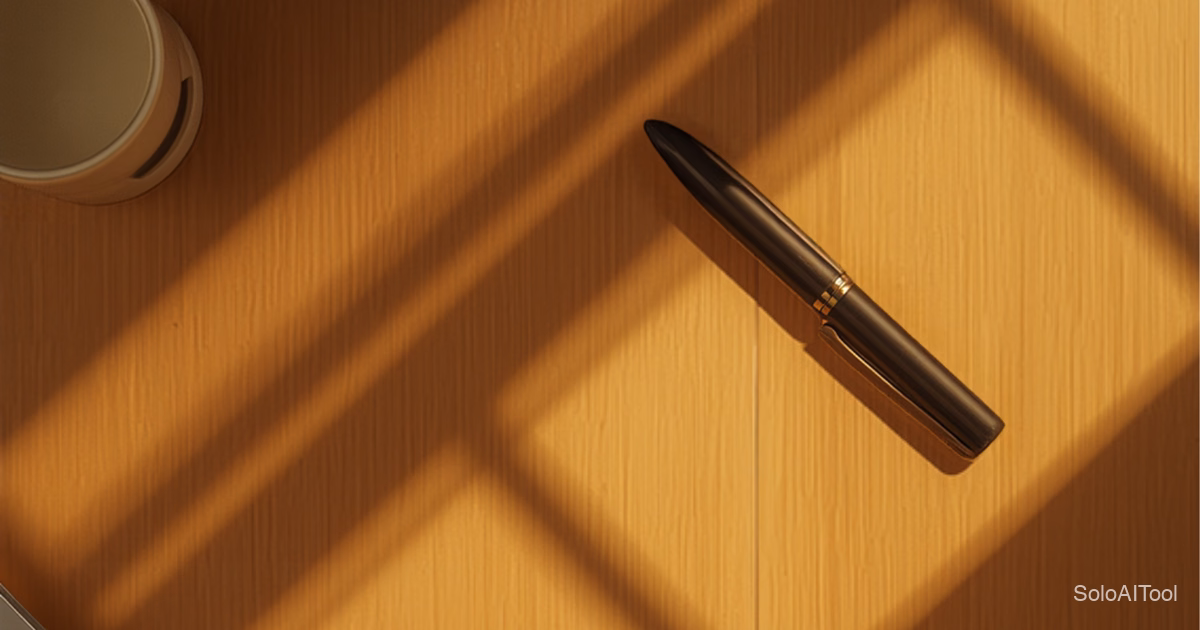 Overhead view of a warm oak desk in golden sunlight with a pen, coffee cup, calculator and laptop