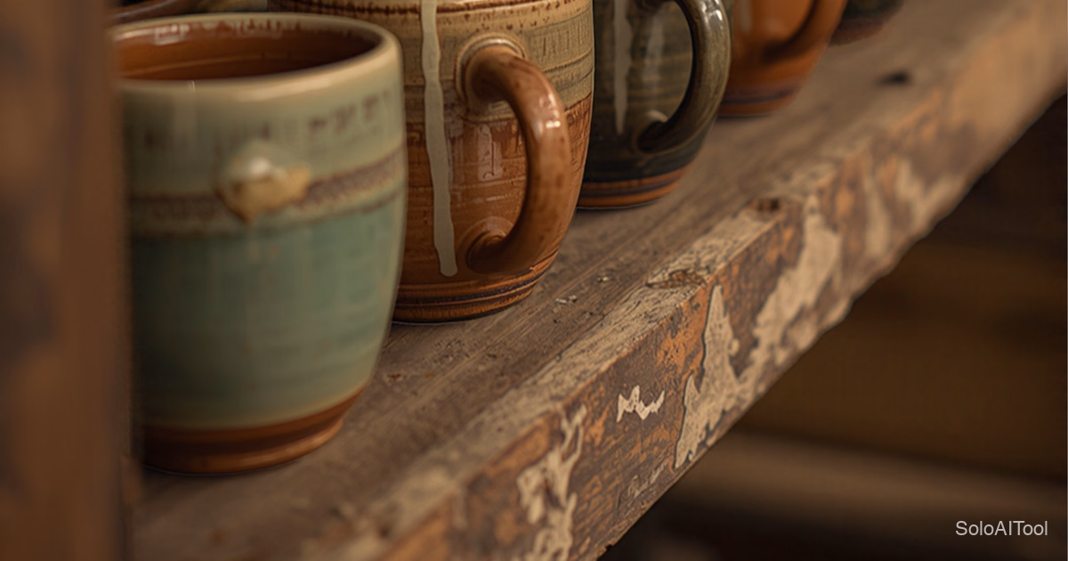 Handmade glazed ceramic mugs in green and terracotta lined up on a rustic wooden studio shelf