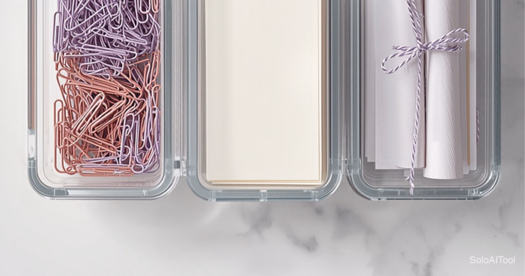 Three clear organizer trays on white marble holding paper clips, blank cards and rolled notes