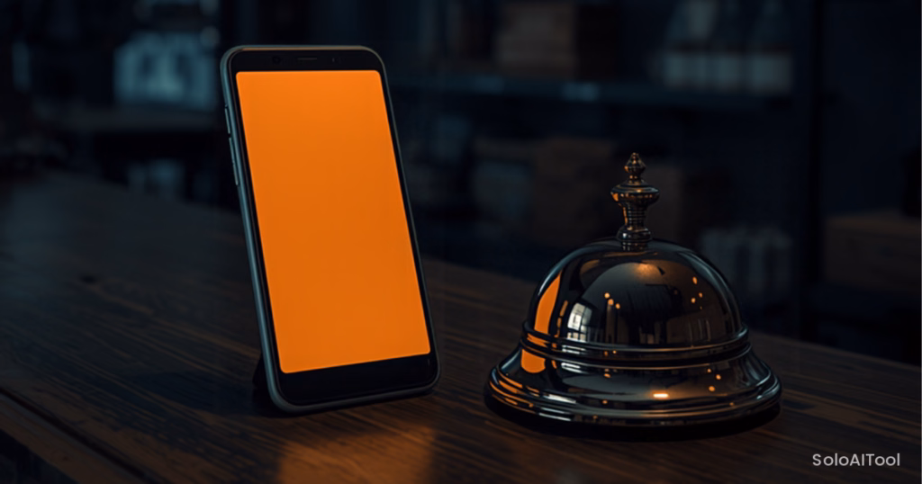 A smartphone with a glowing orange screen and a chrome service bell on a dark wooden shop counter at dusk