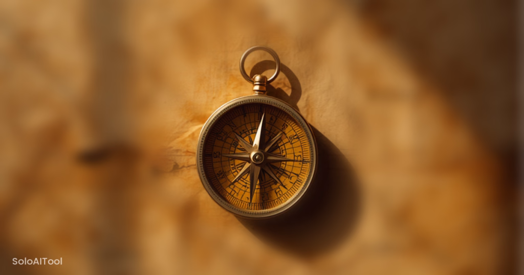A brass compass resting on an old sunlit paper map in warm amber tones