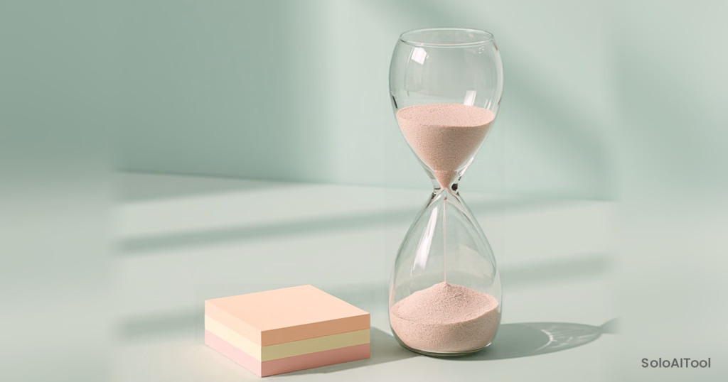 A glass hourglass with pink sand beside a stack of pastel sticky notes on a mint green desk
