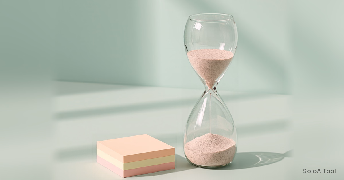 A glass hourglass with pink sand beside a stack of pastel sticky notes on a mint green desk