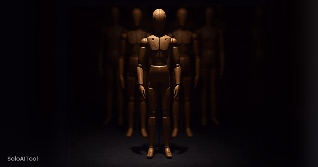 A wooden artist mannequin standing in front of a row of identical mannequins in dramatic low light