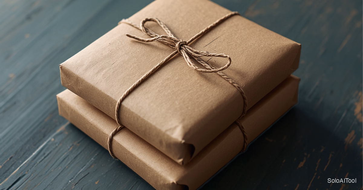 A stack of kraft paper parcels tied with twine on a worn teal painted workbench