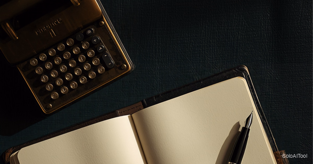 A vintage brass adding machine beside an open blank ledger and fountain pen on a dark green desk