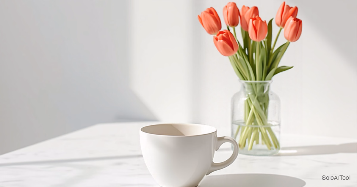 A white coffee cup and coral red tulips in a glass vase on a bright white marble cafe counter