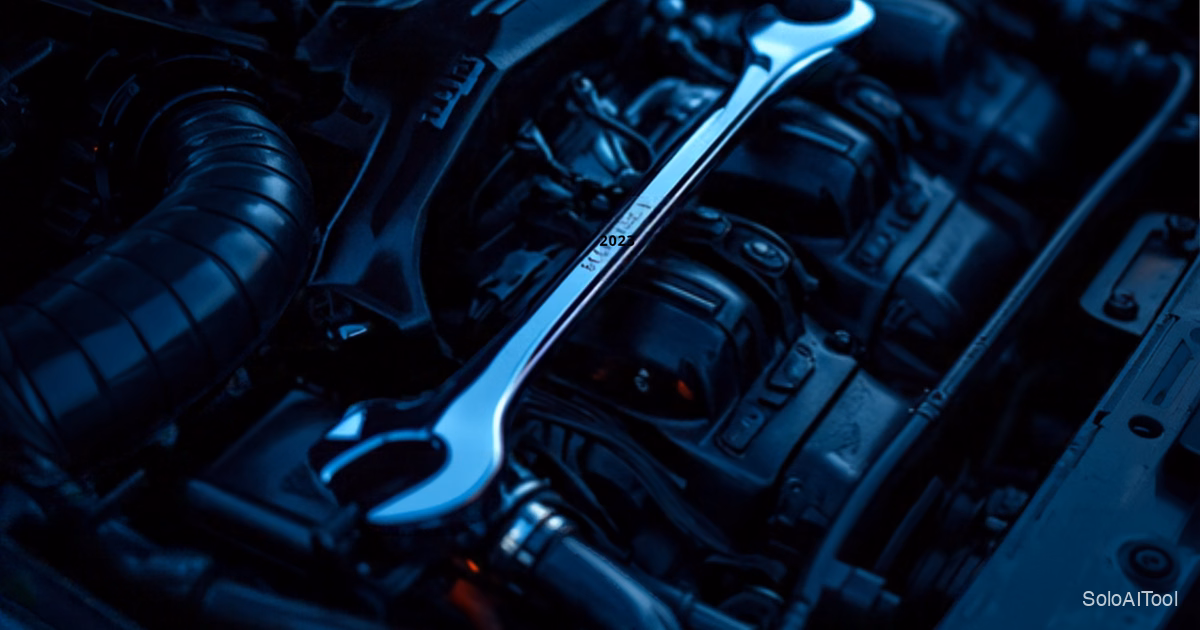 An open car engine bay in cool blue evening light with a chrome wrench resting on the engine