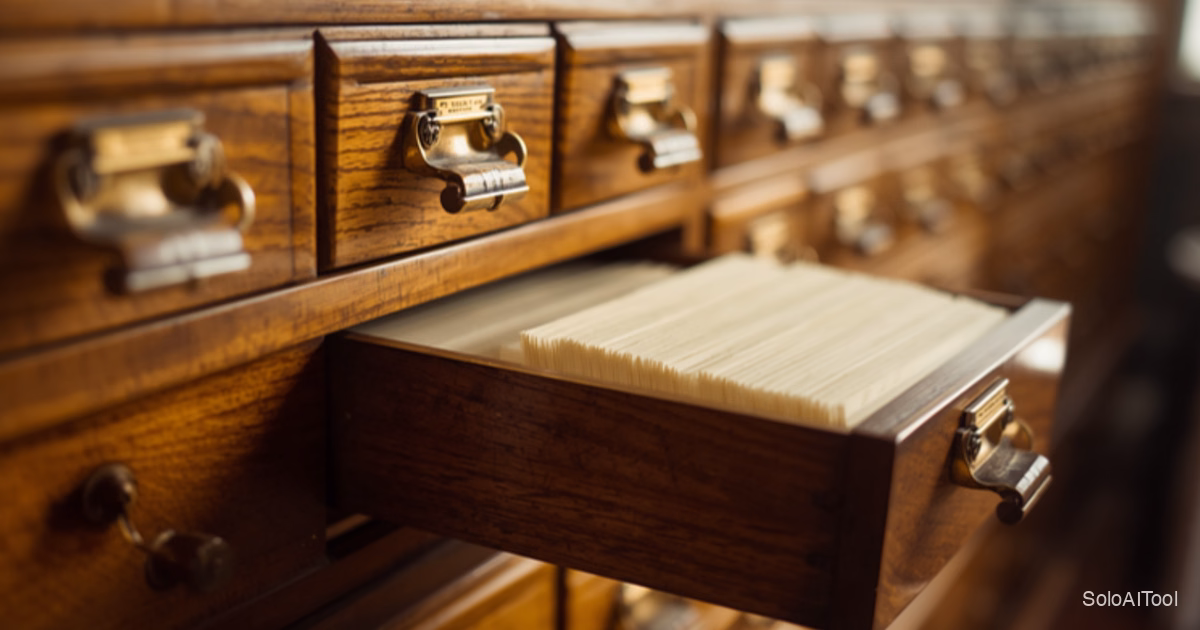 An open wooden library card catalog drawer filled with cream index cards, with rows of oak drawers and brass handles