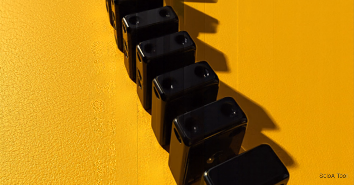 A curving line of black dominoes standing on a bright mustard yellow surface with long afternoon shadows