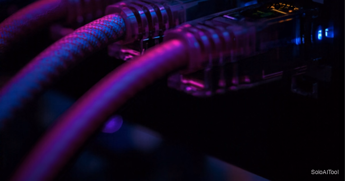 Magenta ethernet patch cables plugged into a dark network switch panel with small glowing status lights