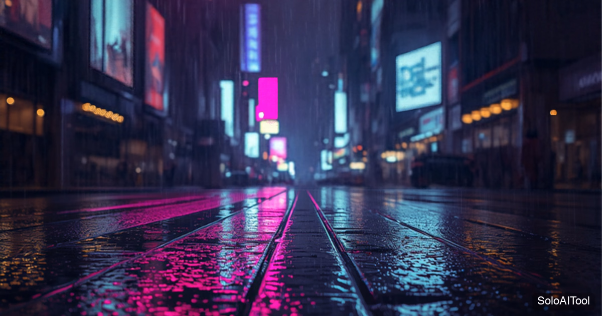 Rainy city street at night with glowing magenta and teal digital billboards reflected on wet pavement