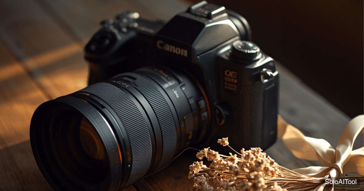 Professional camera on a rustic wooden table beside dried wedding flowers in warm golden light