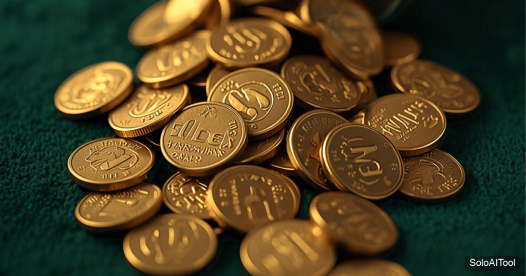 Brass tokens spilling from a glass jar onto green felt