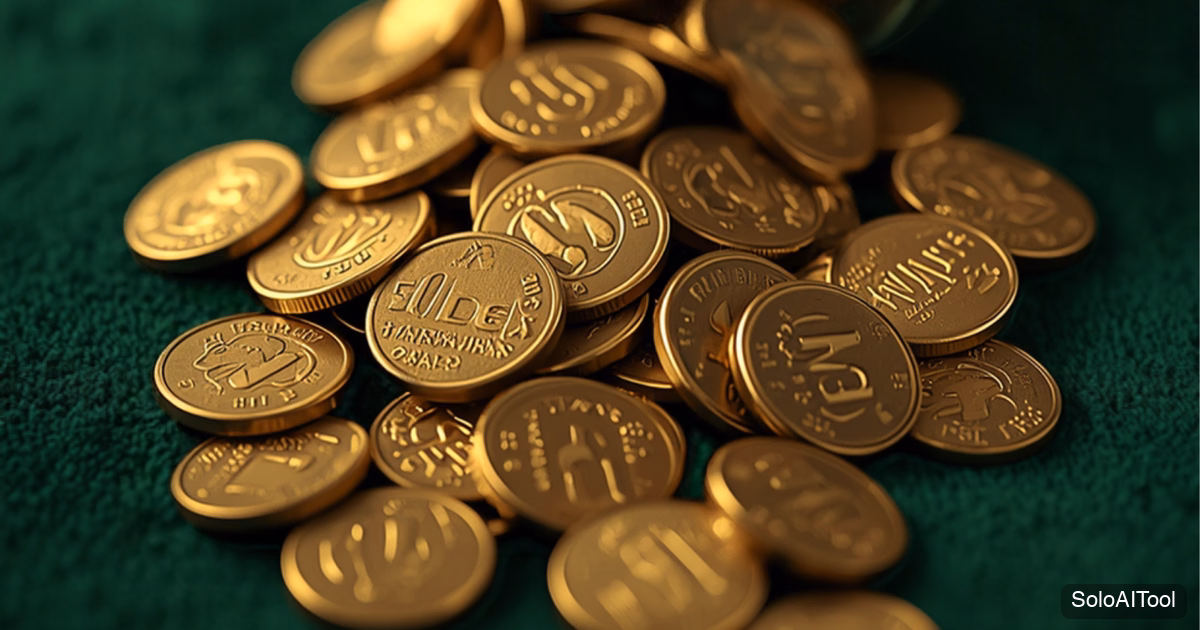 Brass tokens spilling from a glass jar onto green felt