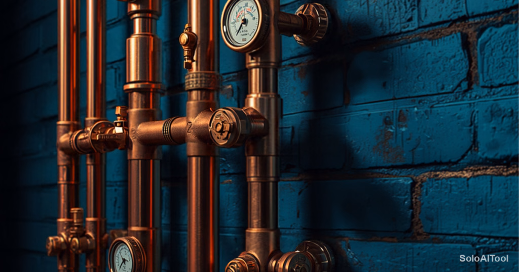 Copper pipes, brass valves and gauges on a teal painted brick wall