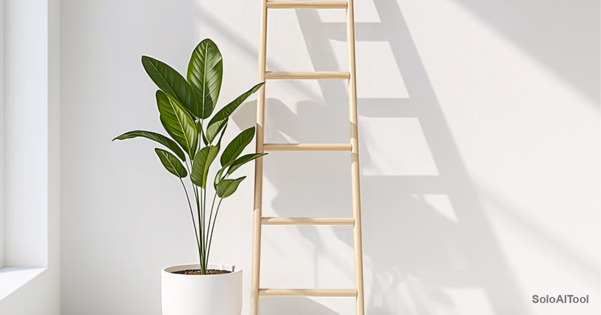 Wooden step ladder and potted plant against a white wall in morning sunlight