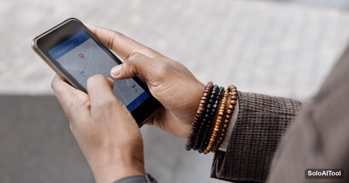 Hands holding a smartphone showing a map app on a city sidewalk