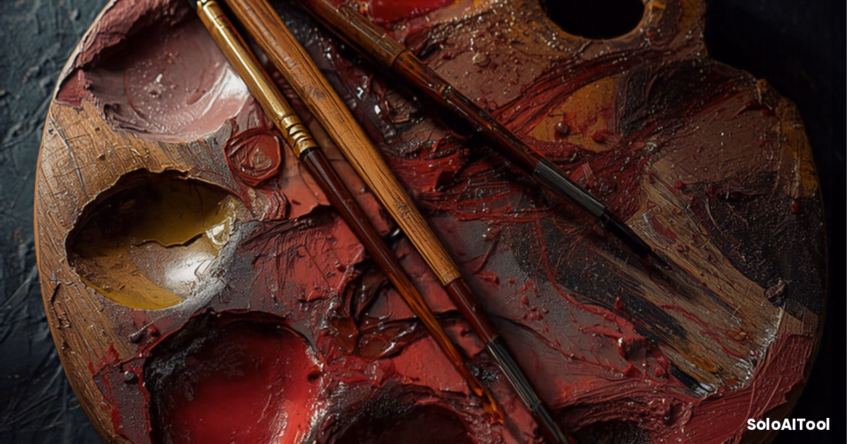 Artist palette smeared with crimson and gold paint with brushes on a dark table