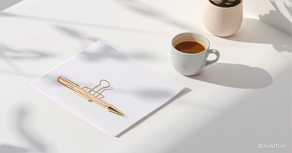 Bright minimalist white desk by a window with a coffee cup, plant and paper-clipped pages