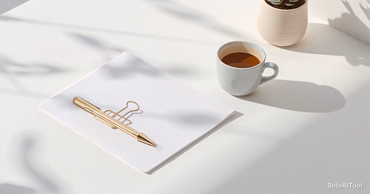 Bright minimalist white desk by a window with a coffee cup, plant and paper-clipped pages
