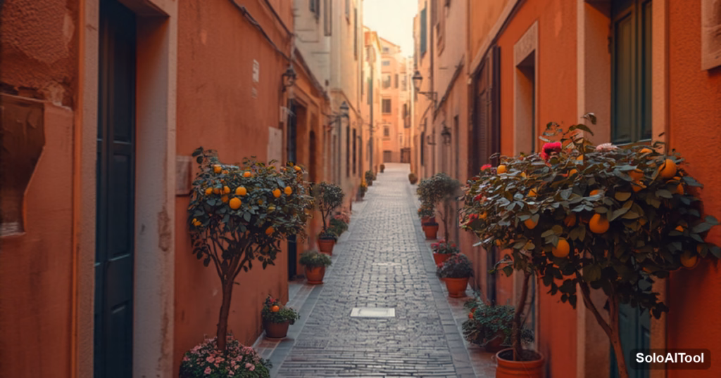 A narrow Mediterranean street with terracotta walls and potted lemon trees at sunset