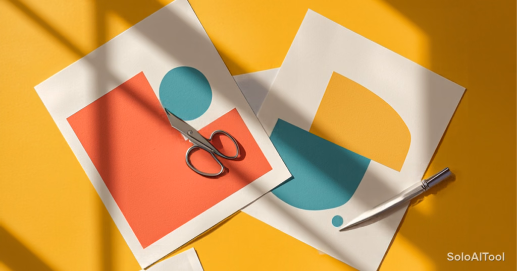Overhead view of colorful printed flyers, scissors and a coffee cup on a sunny yellow desk