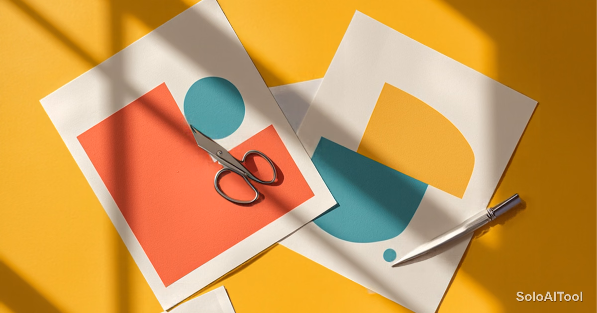 Overhead view of colorful printed flyers, scissors and a coffee cup on a sunny yellow desk