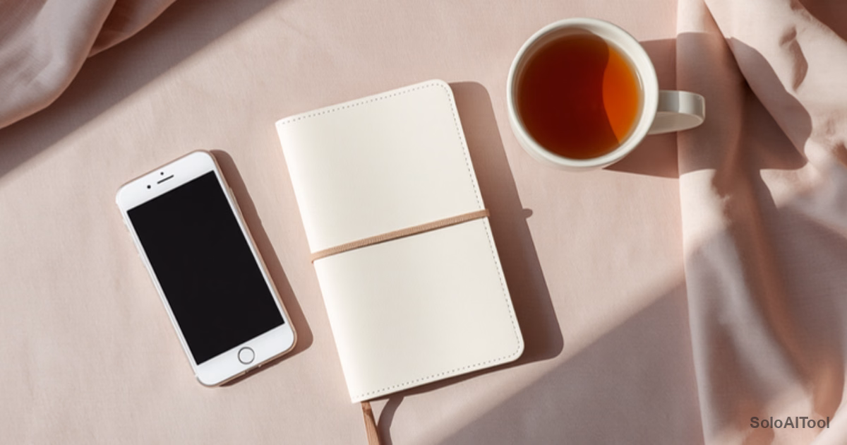 Closed notebook, smartphone and cup of tea on a blush pink linen tablecloth