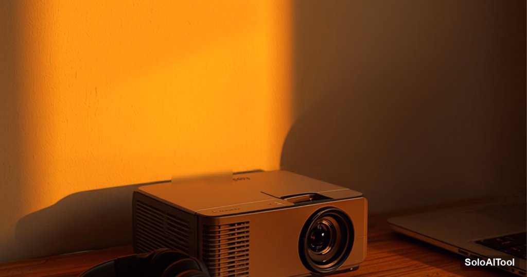 A small projector casting warm amber light onto a blank wall in a cozy home studio