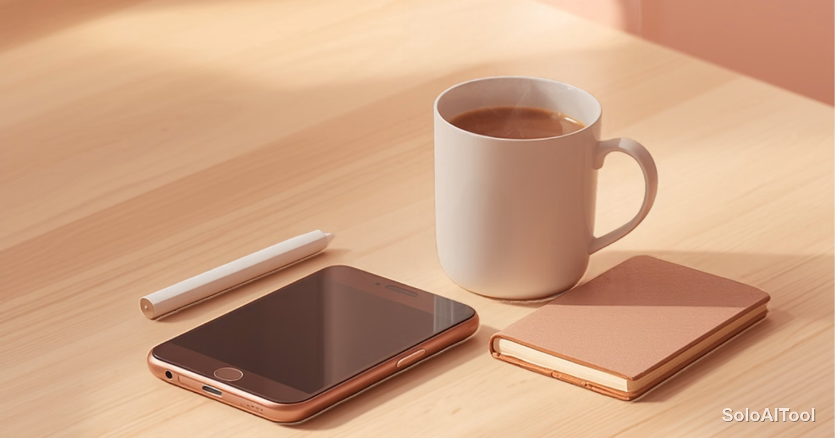 A smartphone, notebook and steaming coffee mug on a wooden counter in soft sunrise light