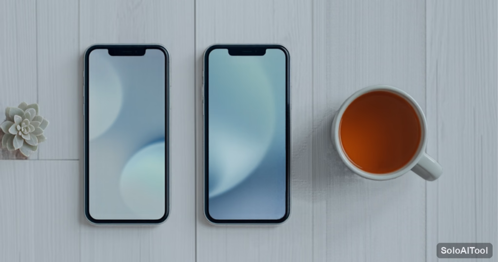Two smartphones and a cup of tea on a pale wooden desk, seen from above