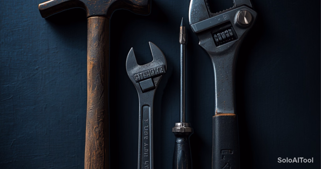 A hammer, two wrenches and a screwdriver laid out on a dark blue workbench