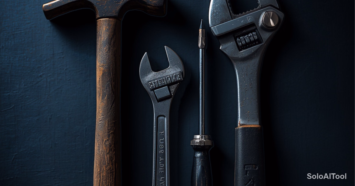 A hammer, two wrenches and a screwdriver laid out on a dark blue workbench
