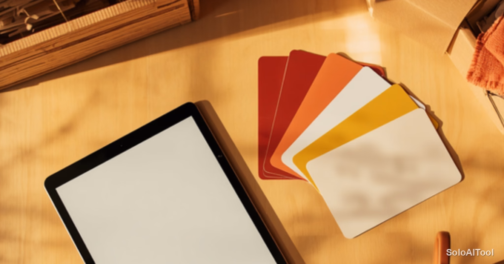 Overhead photo of a craft workbench with a blank tablet, terracotta and mustard color swatches and kraft boxes in warm sunlight