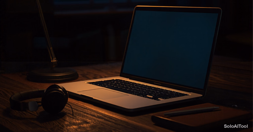 Laptop on a dark wooden desk lit by a single desk lamp at night in a quiet home office