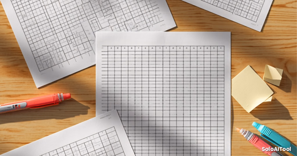 Overhead view of printed spreadsheets, highlighters and sticky notes on a warm oak desk