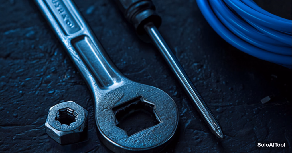 A wrench, screwdriver, hex nut and blue network cable on a dark slate workbench